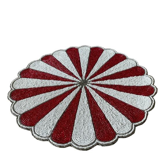 TIRAMISU Hand Beaded Placemat Charger 15in Holiday Red & White Candy Stripe NEW - Picture 2 of 12